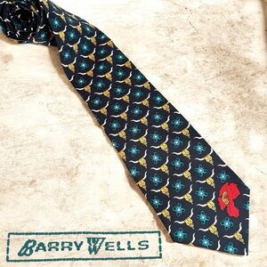 BARRY WELLS “Georgia On My Mind II” 100% Silk Longhorn Skull Western Pattern Tie
